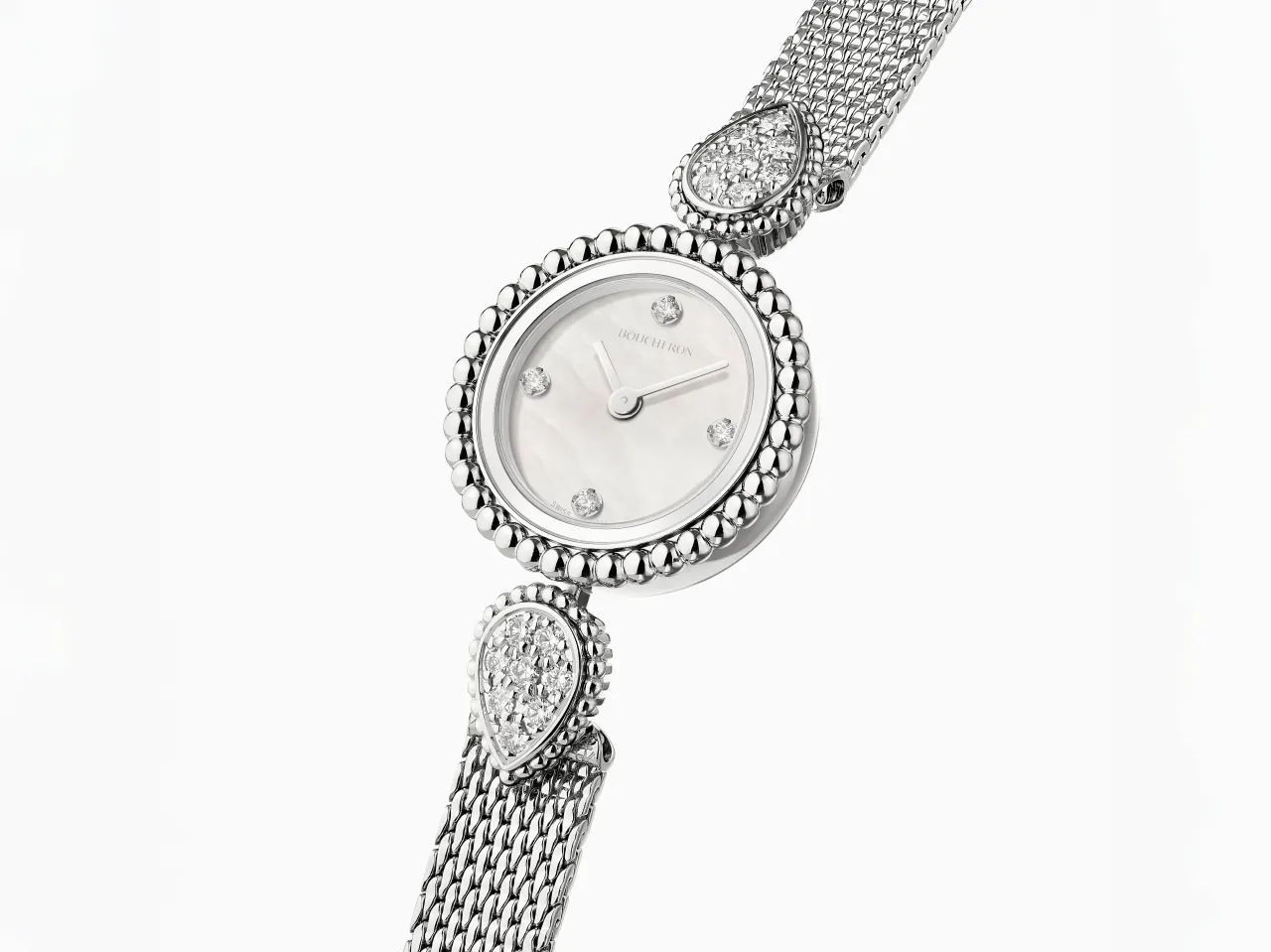 Часы Serpent Bohème из стали, украшенные бриллиантами, с белым перламутровым циферблатом и стальным браслетом