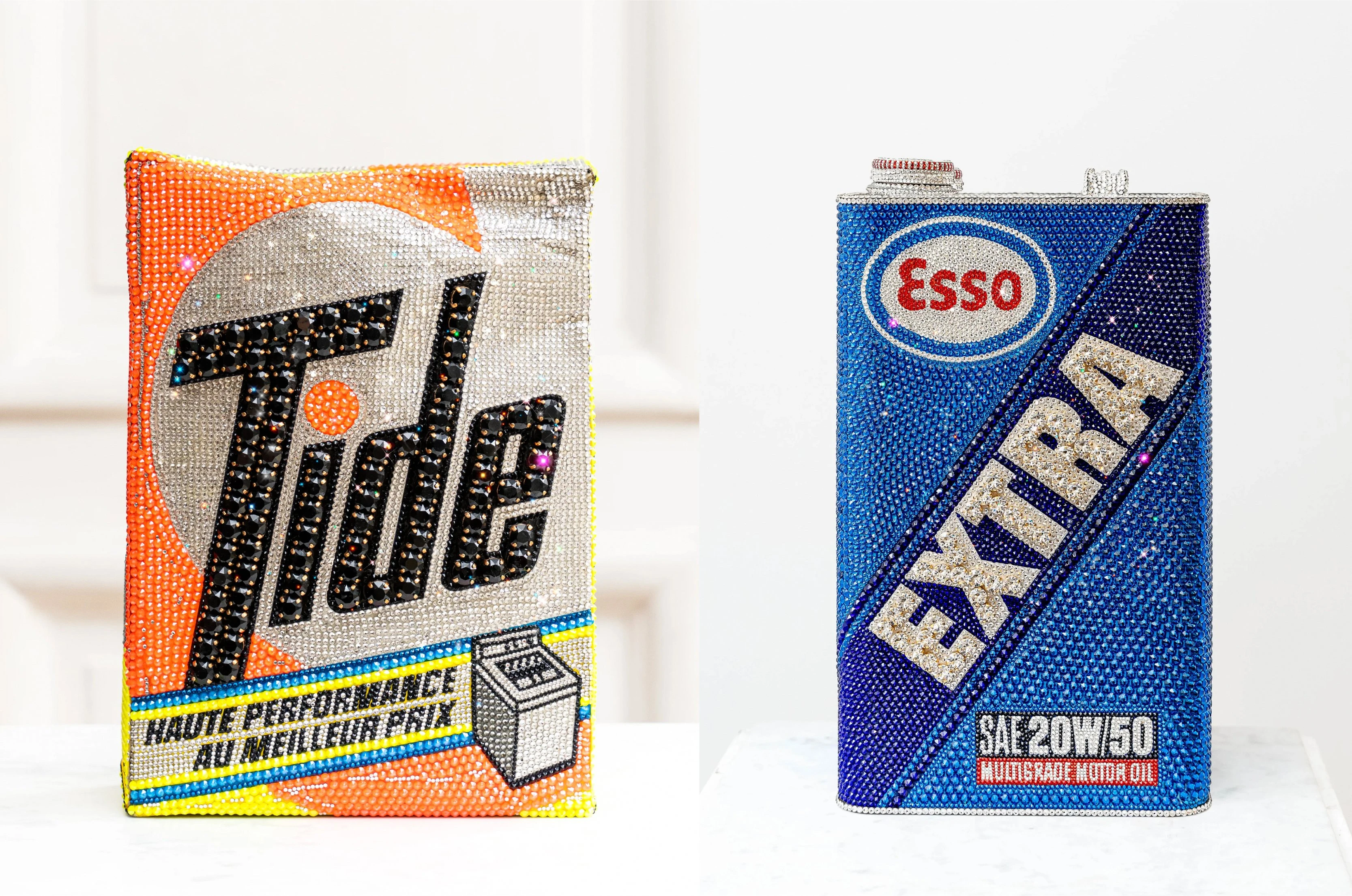 SHOUROUK RHAIEM, WASHING POWDER TIDE HAUTE PERFORMANCE, 2022, SHOUROUK RHAIEM (left image), SHOUROUK RHAIEM, MOTOR OIL ESSO, 2023, SHOUROUK RHAIEM (right image)