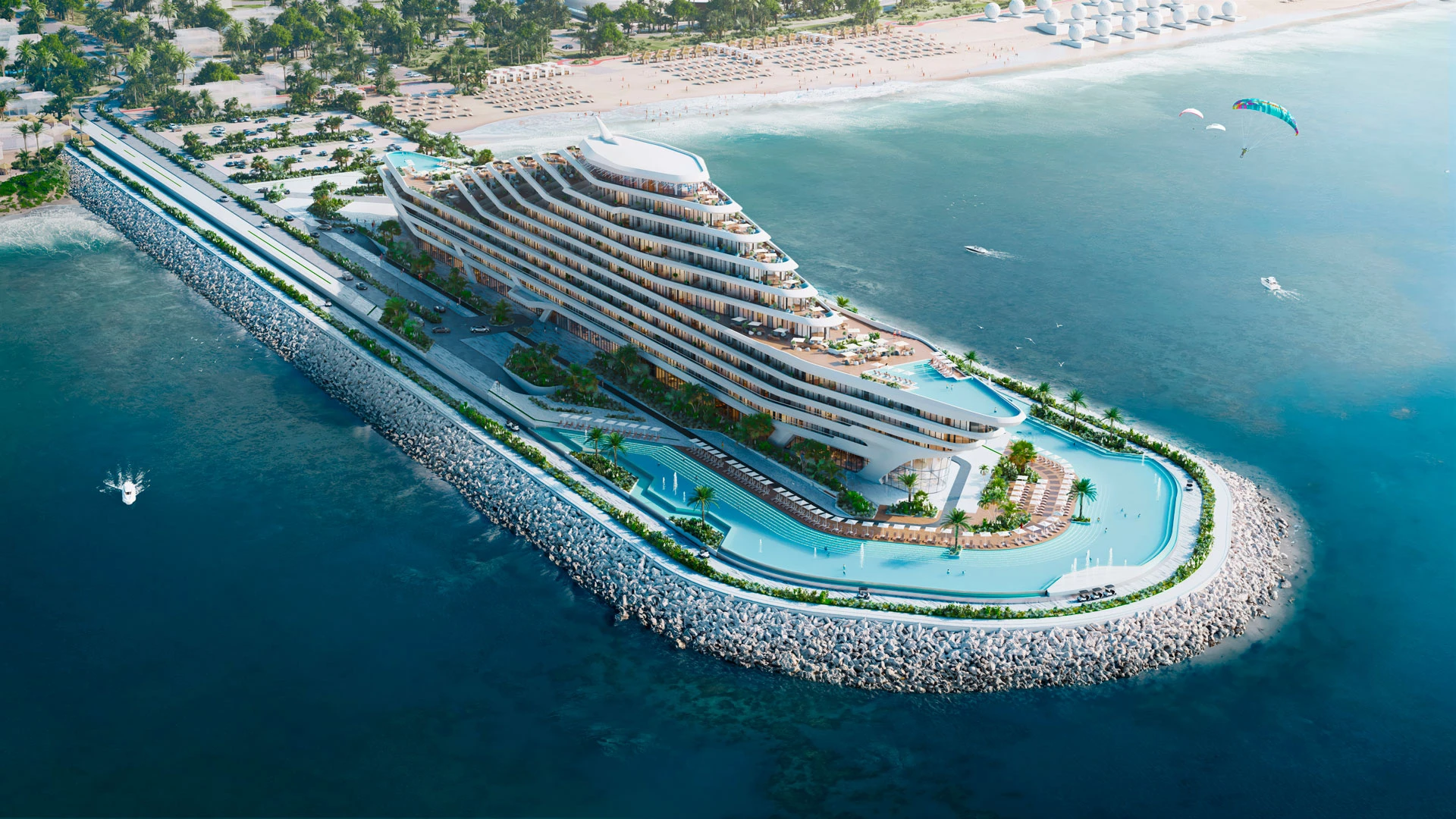 Caspian Dream Liner апарт-қонақүйі ашық теңізде жүзіп бара жатқан алып лайнер бейнесінде салынған | Баспасөз қызметінің мұрағаты