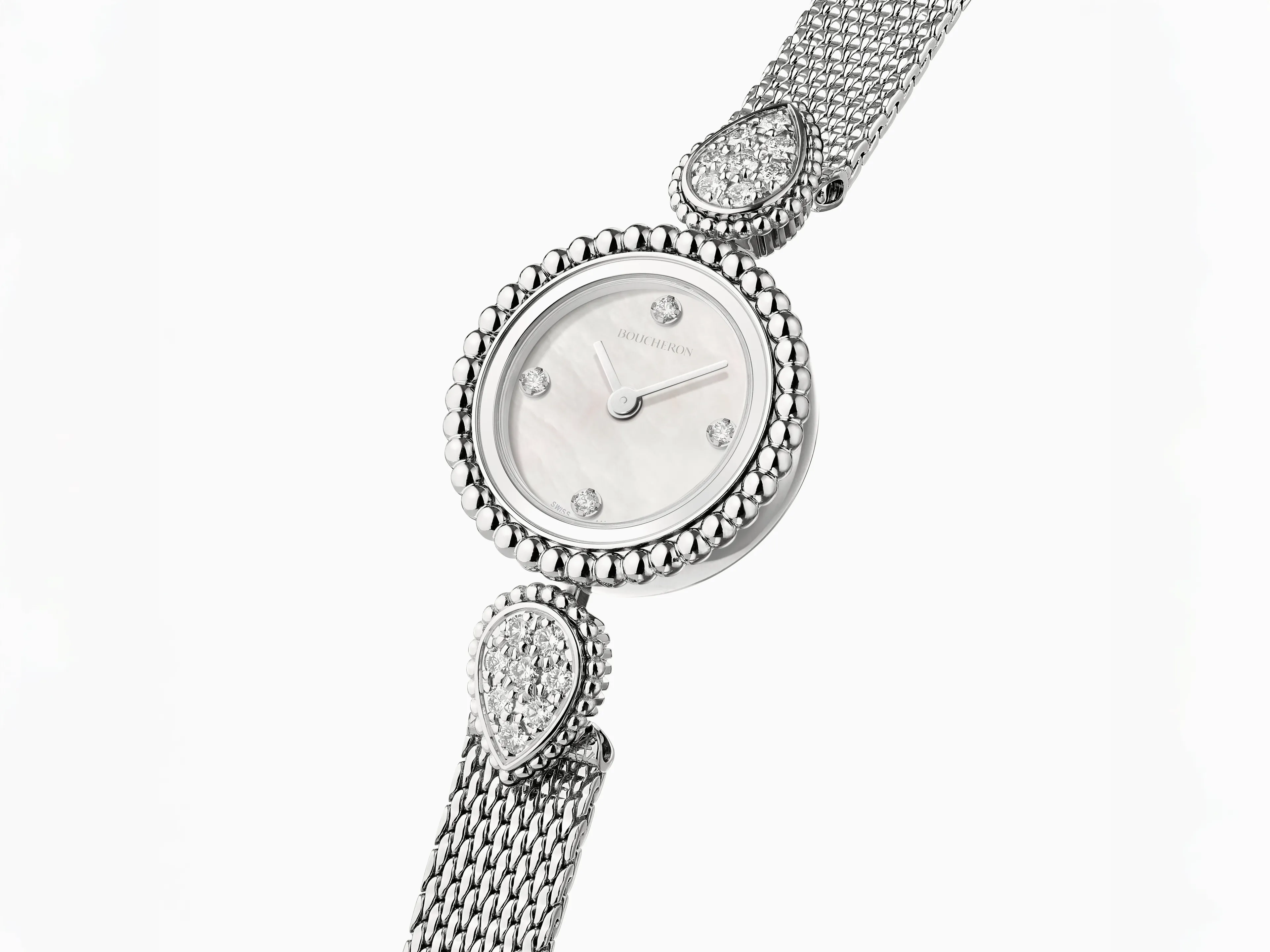 Часы Serpent Bohème из стали, украшенные бриллиантами, с белым перламутровым циферблатом и стальным браслетом