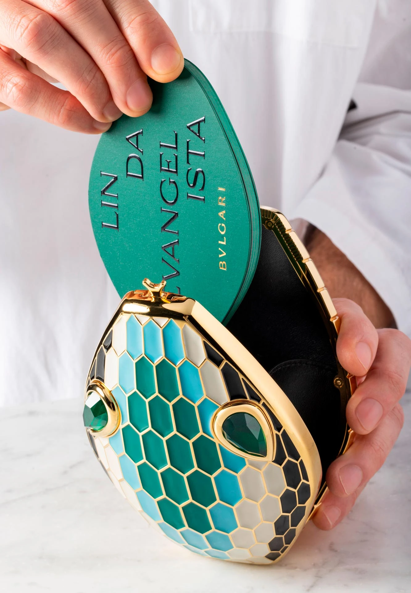 Минодьер Serpenti c эмалью и изумрудами, дополненный миниатюрной книгой – размышлениями Линды Евангелисты | Фотограф: Итан Джеймс Грин 