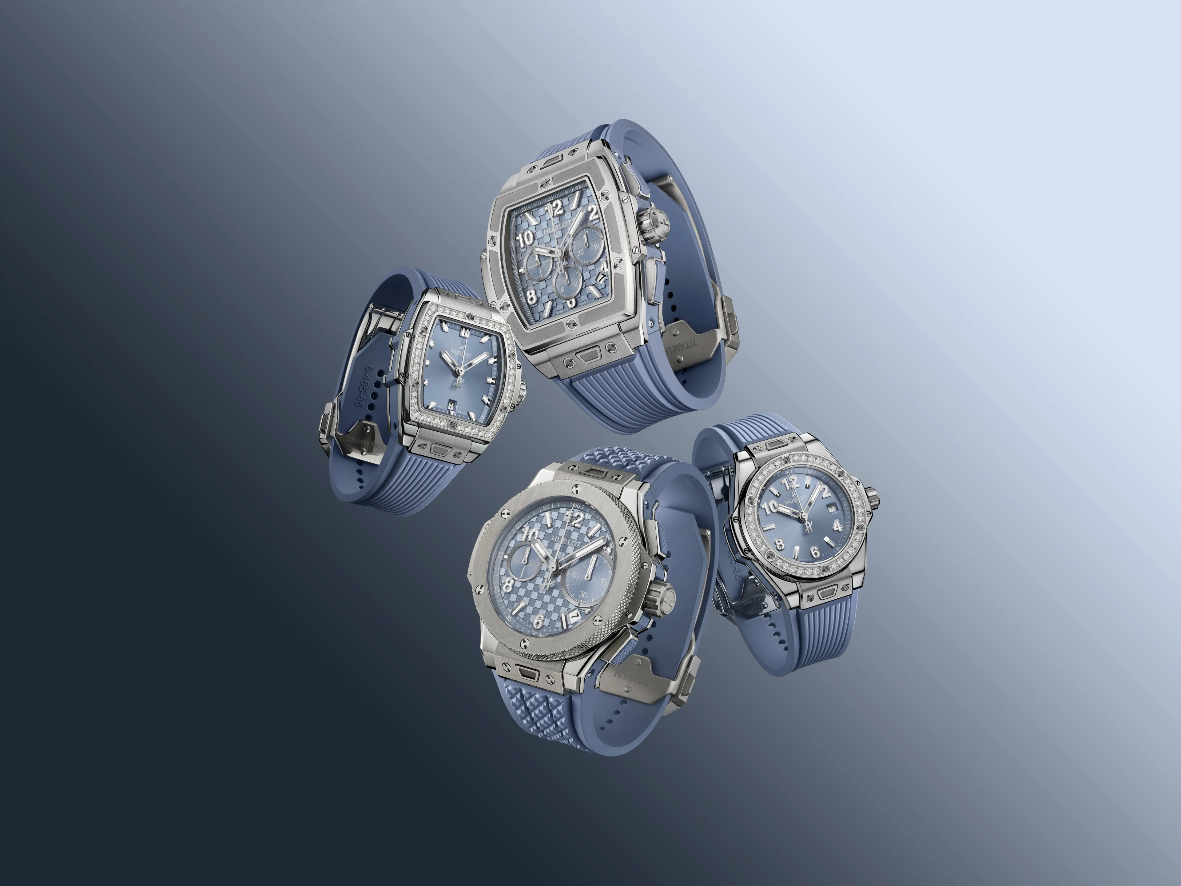 Четыре модели из линейки Hublot Big Bang в угольно-голубой цветовой гамме