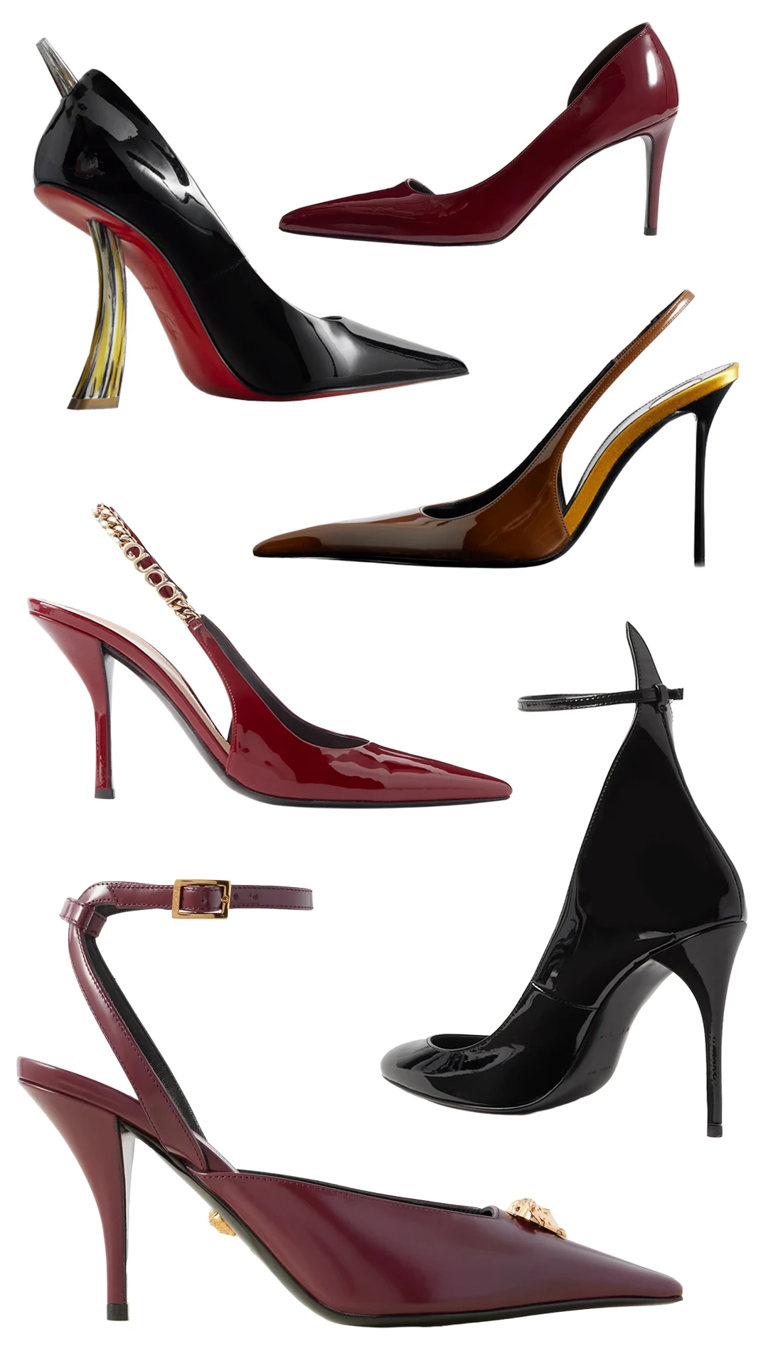 Туфли, Christian Louboutin; туфли, Khaite; слингбэки, Saint Laurent; туфли, Alaïa; слингбэки, Gucci; слингбэки, Versace | Архивы пресс-служб